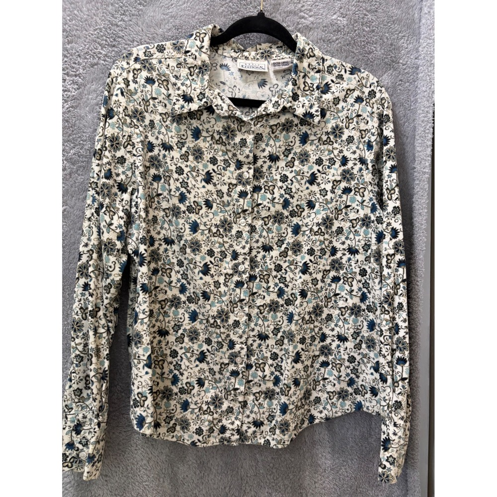 Basic Editions Floral Corduroy Shirt Womens XL Blue Cream Cotton Button Up Top